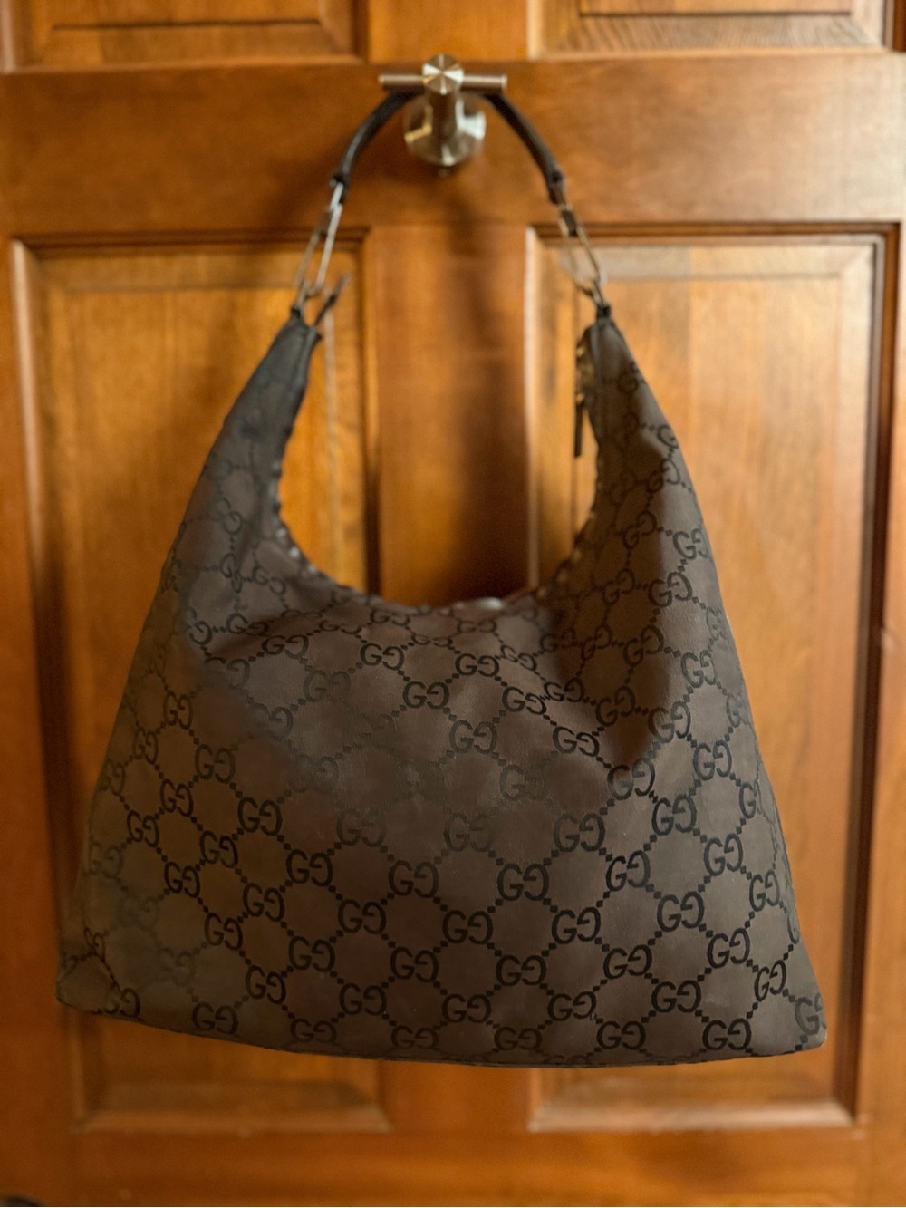 Gucci Brown GG Monogram Nylon Hobo Shoulder Bag Gold Hardware